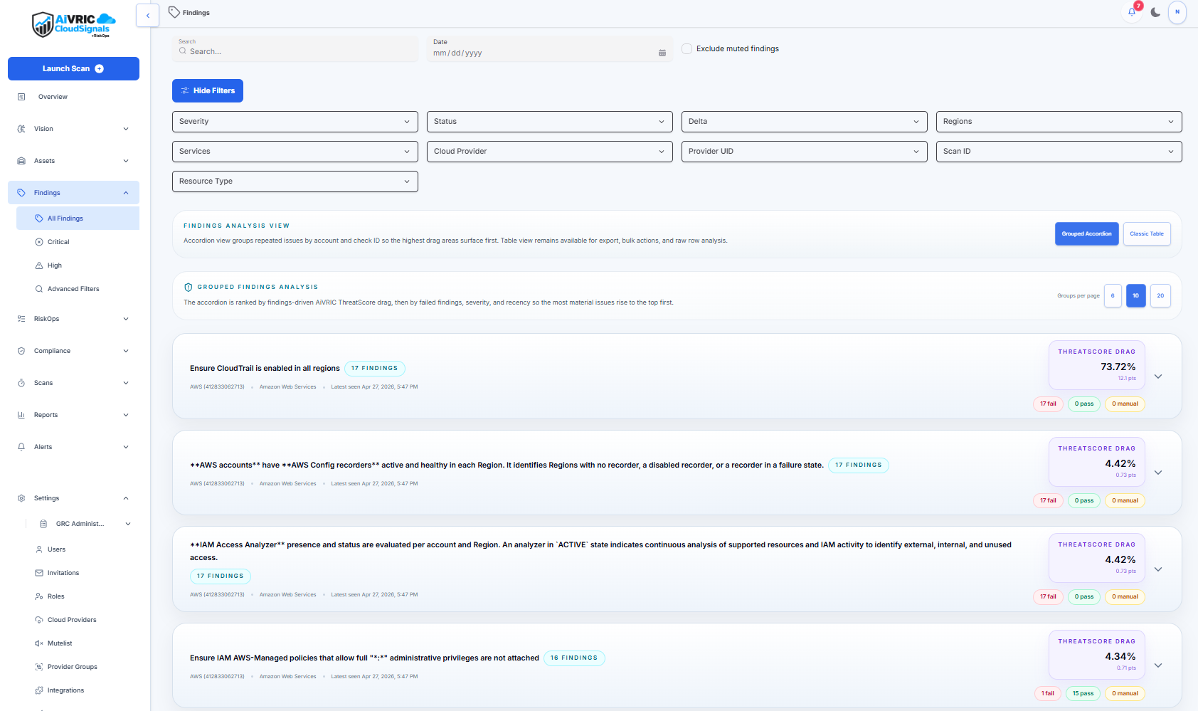 CloudSignals findings list with risk context