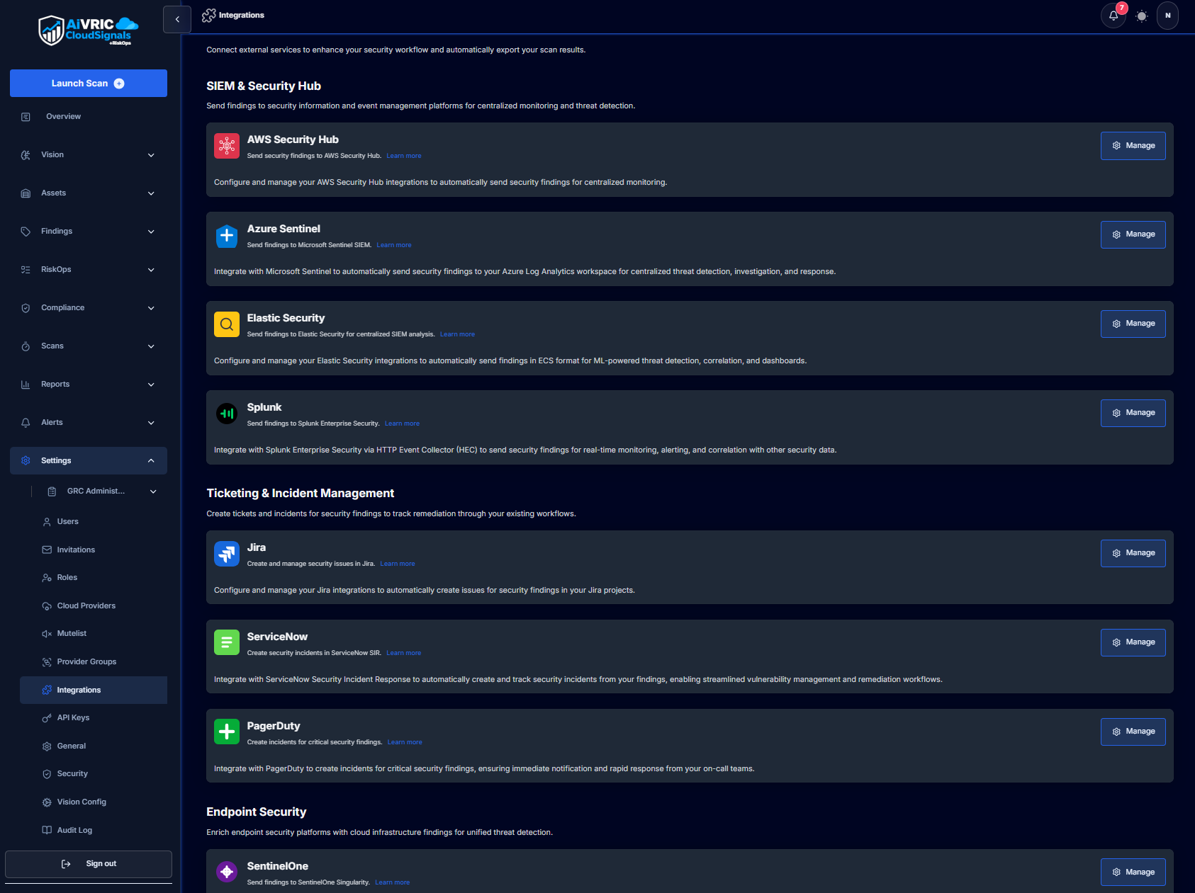 CloudSignals integrations settings