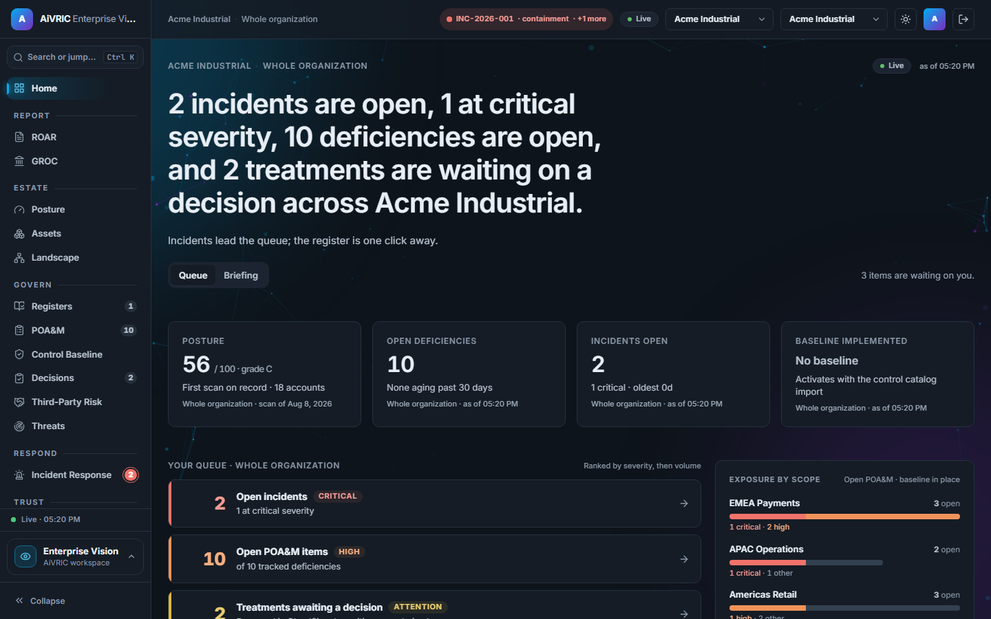Enterprise Vision home: the verdict, posture KPIs, and the decision queue across the whole organization