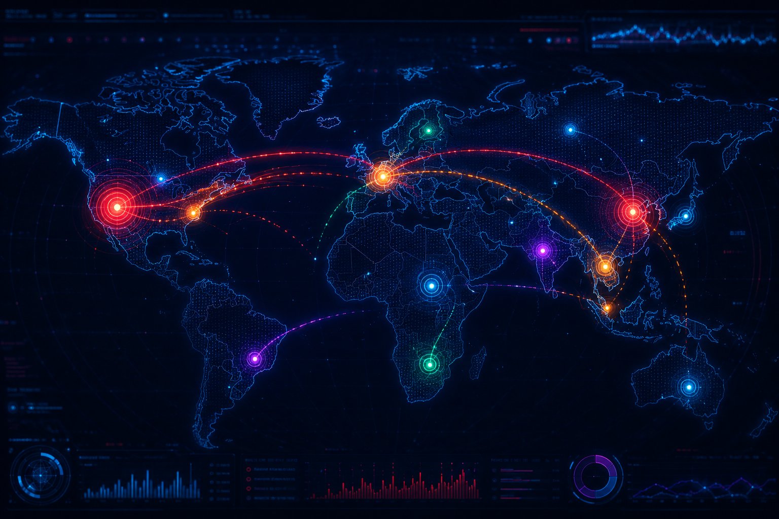 World-signal intelligence concept: global risk events connected to monitored estates